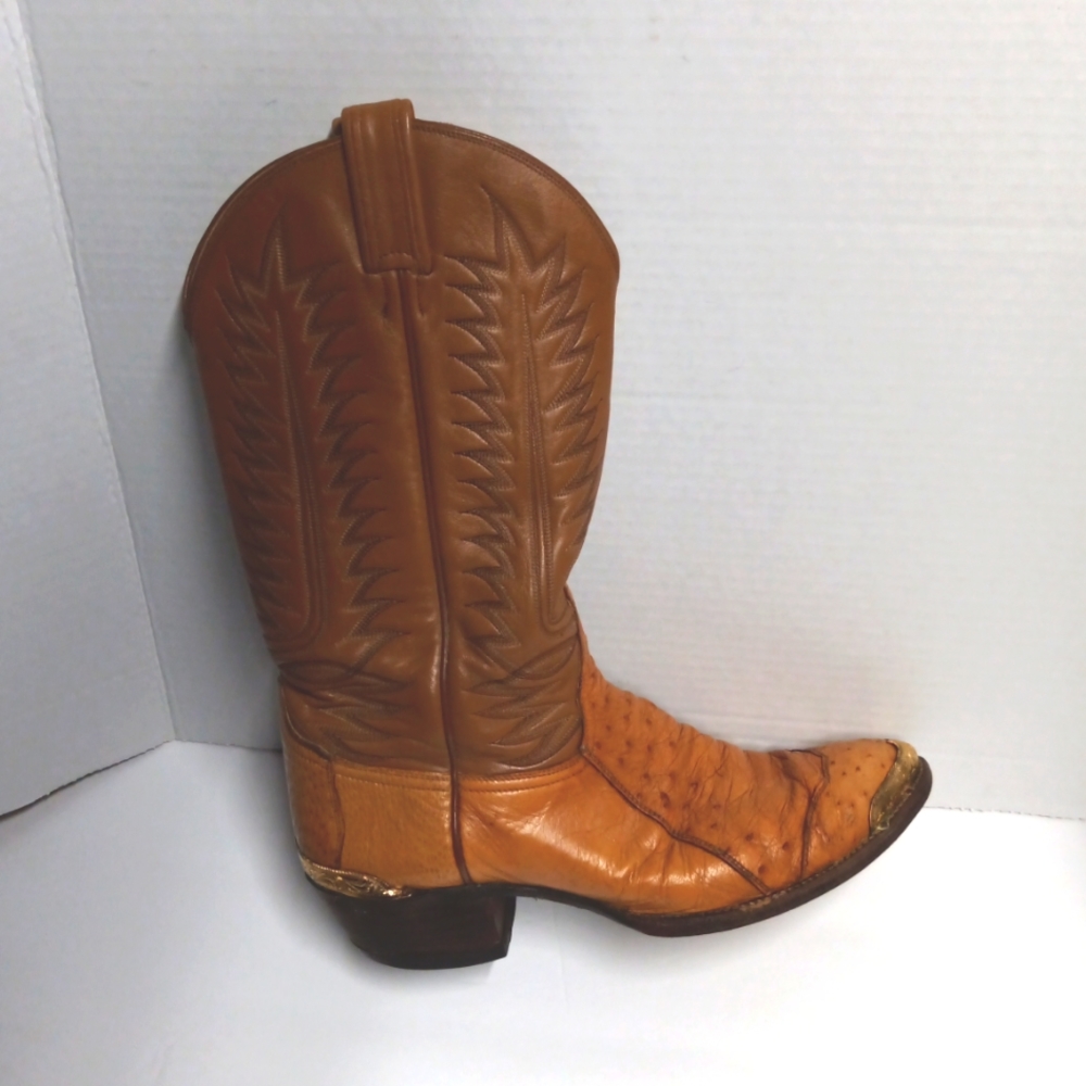 Tony Lama Ostrich Western Cowboy Boots w/ Gold trim Caramel Color